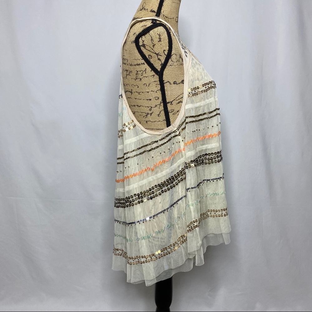 Free People Cream Multi Color Sequin Mesh Tank Top - image 4
